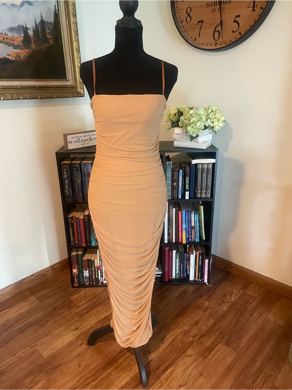 Fashion Nova Tan Ruched Spaghetti-Strap Maxi Dress